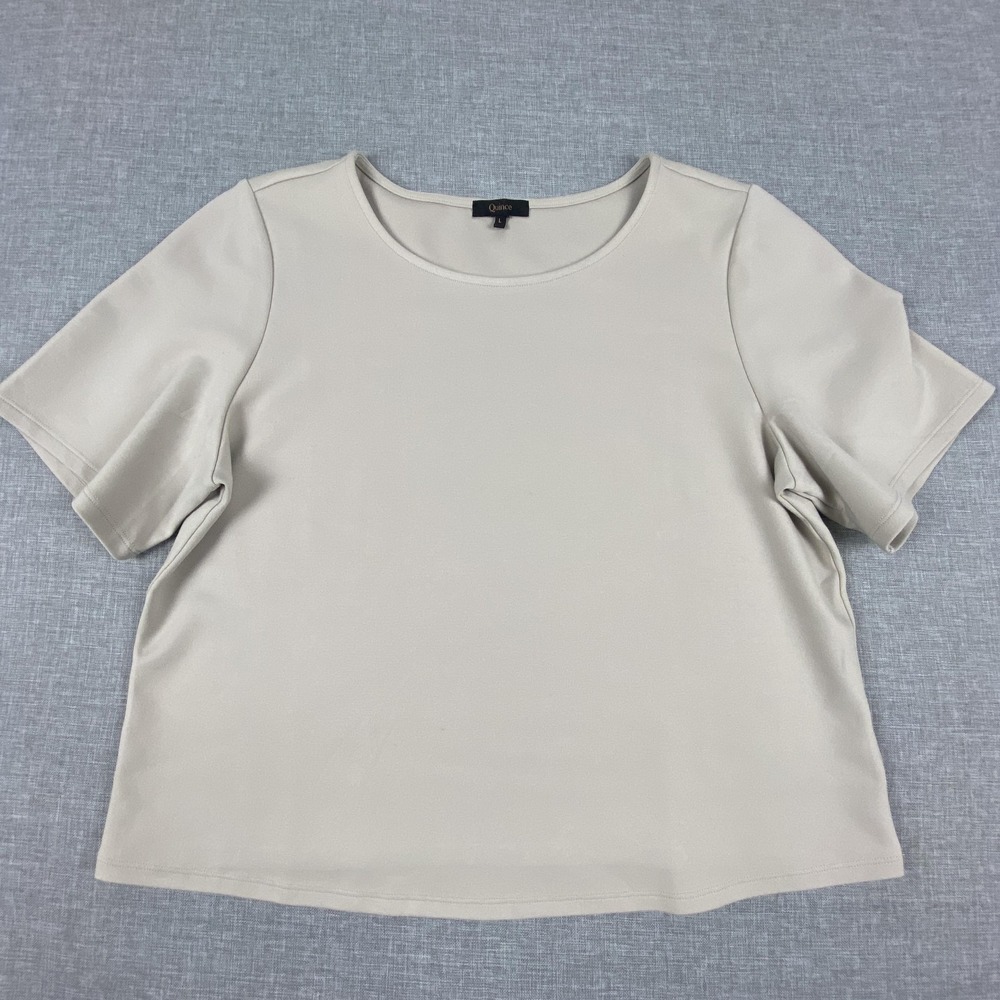 Quince Blouse Womens Large Beige Crew Neck Short Sleeve Jersey Pullover Stretch